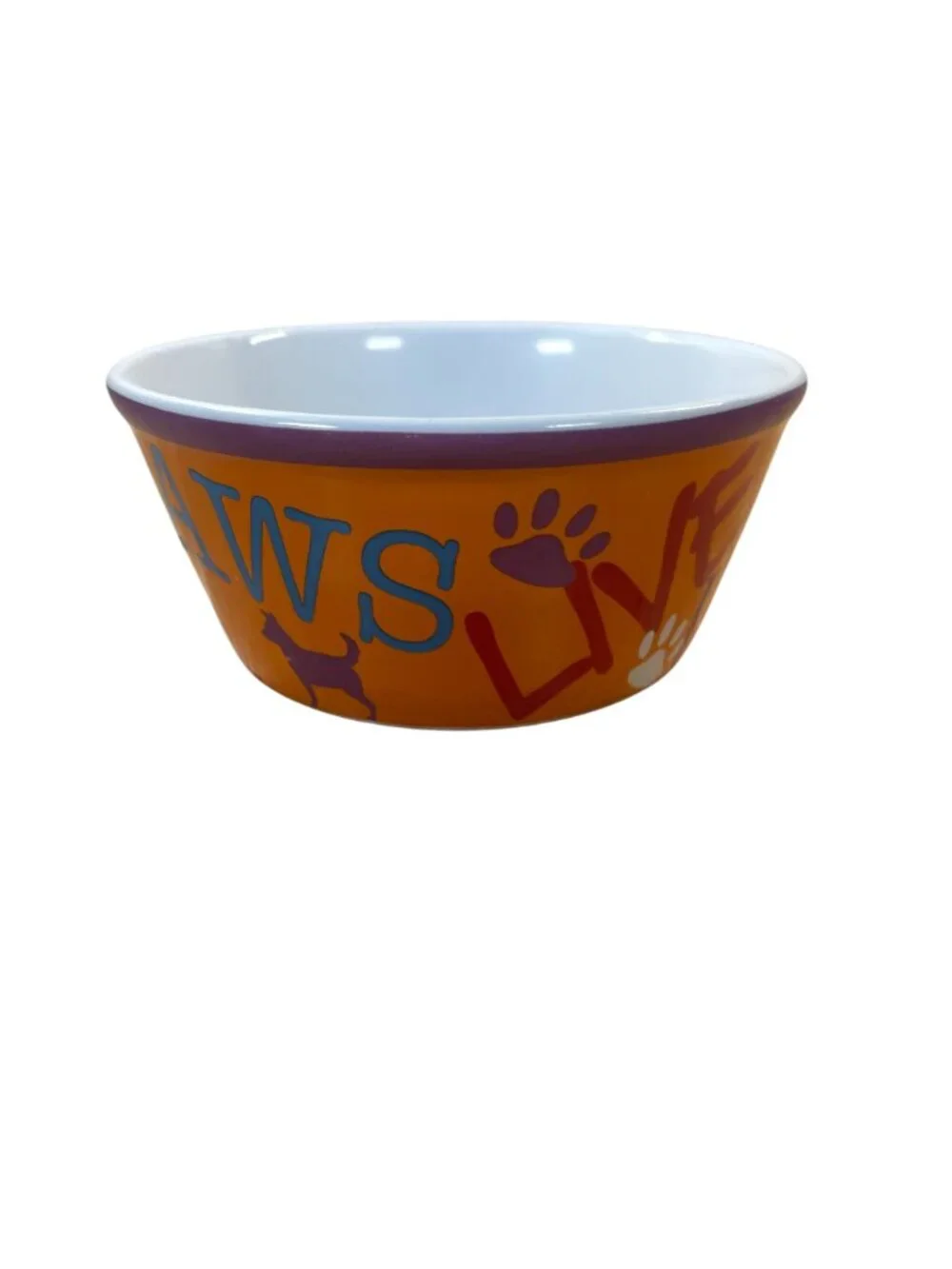 Vibrant Life Ceramic Paw Print Live Love Dog Bowl Feeder Orange